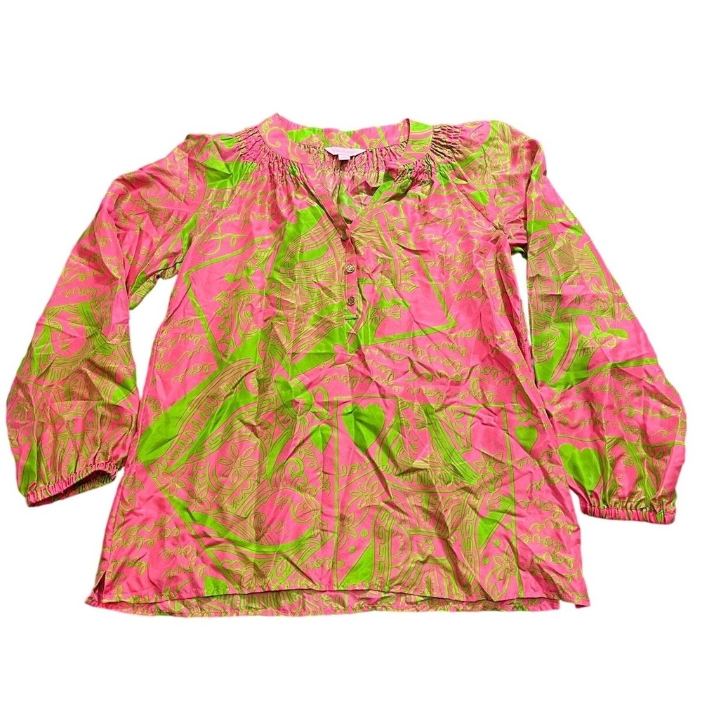 Lilly Pulitzer Tunic Womens XS Pink Green Silk Smocked V-Neck Long Sleeve 90589